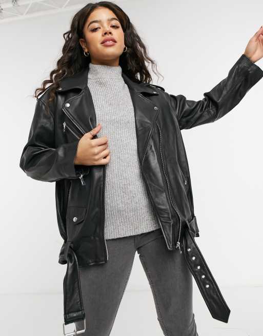 ASOS DESIGN - Giacca biker oversize in pelle nera