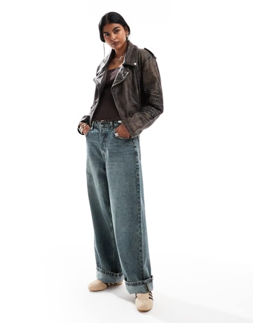 ASOS DESIGN - Giacca biker ristretta in pelle nera slavata, 2 di 4