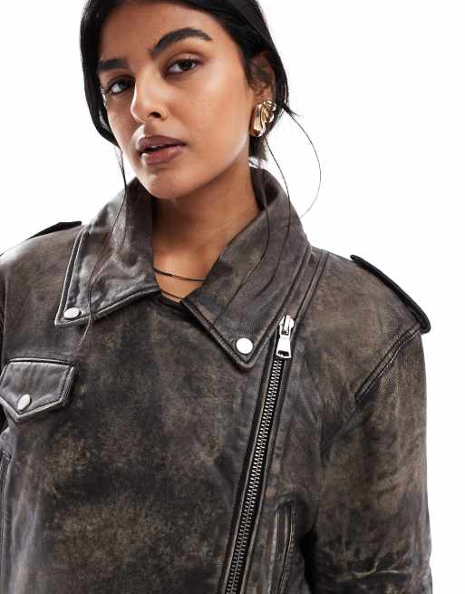 ASOS DESIGN - Giacca biker ristretta in pelle nera slavata, 3 di 4