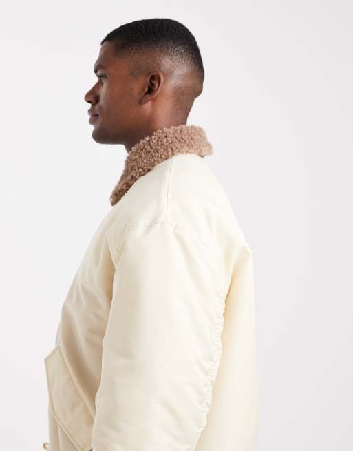 ASOS DESIGN - Giacca bomber color crema con colletto in pile borg, 4 di 5