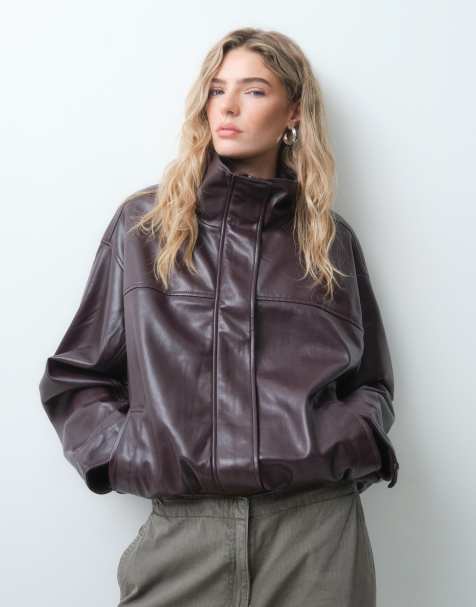 ASOS DESIGN giacca bomber con collo a imbuto effetto pelle in prugna cioccolato - view 1