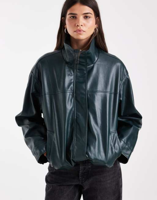 ASOS DESIGN giacca bomber con collo a imbuto effetto pelle verde scuro, 2 di 4