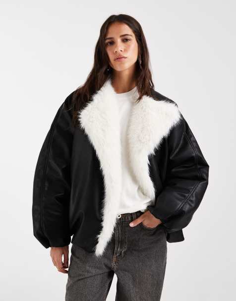 ASOS DESIGN giacca bomber effetto pelle con colletto a cascata in pelliccia sintetica color crema nera - view 1
