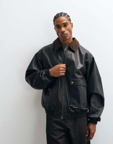 ASOS DESIGN giacca bomber effetto pelle con colletto a contrasto marrone - view 1