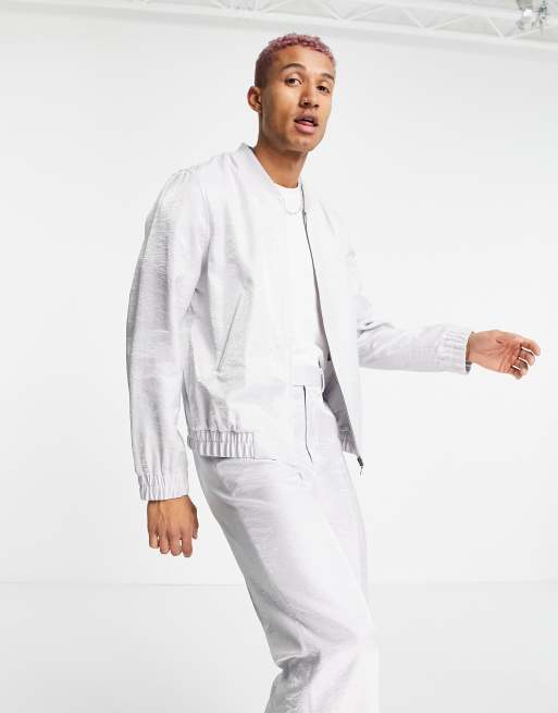 ASOS DESIGN - Giacca bomber elegante di raso martellato color argento in coordinato