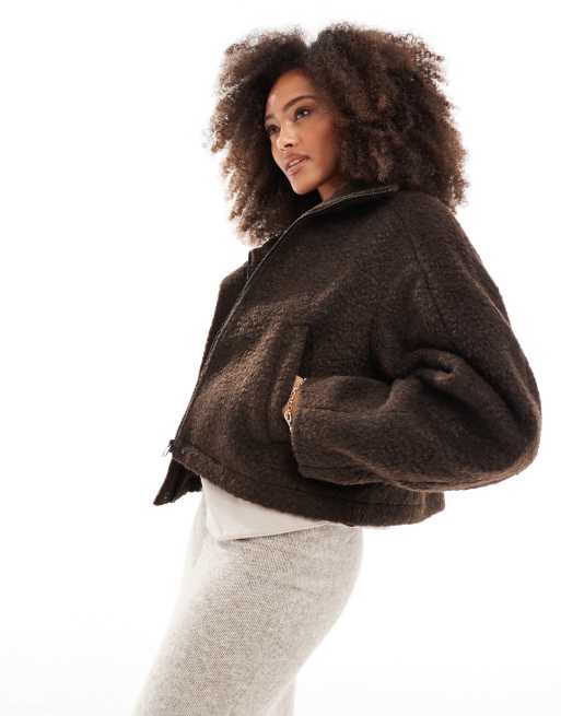 ASOS DESIGN - Giacca bomber in bouclé color cioccolato con collo a imbuto