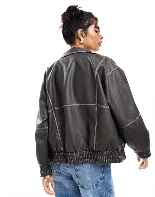 ASOS DESIGN - Giacca bomber in pelle sintetica con collo a imbuto nera, 4 di 4
