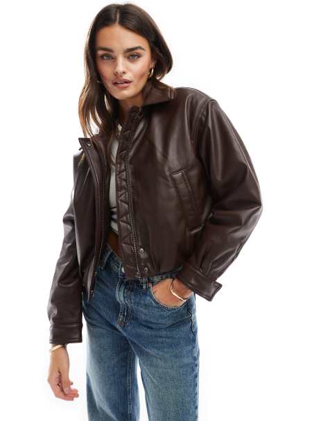 ASOS DESIGN - Giacca bomber in pelle sintetica liscia color cioccolato - view 1