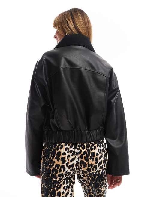 ASOS DESIGN - Giacca bomber in pelle sintetica nera con colletto in maglia, 4 di 4