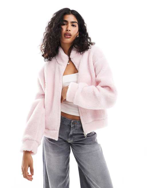 ASOS DESIGN - Giacca bomber in pile borg rosa con collo a imbuto