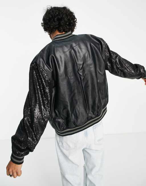 ASOS DESIGN - Giacca bomber nera in pelle sintetica con maniche con paillettes, 4 di 4