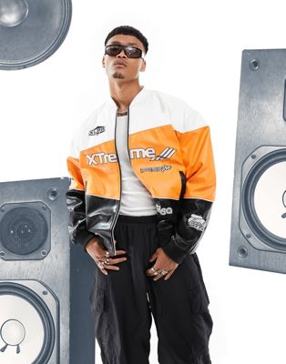 ASOS DESIGN oversized leather look motorcross bomber jacket in orange - ASOS Price Checker