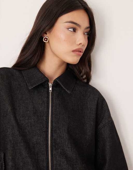 ASOS DESIGN - Giacca bomber oversize in denim color nero écru, 2 di 4