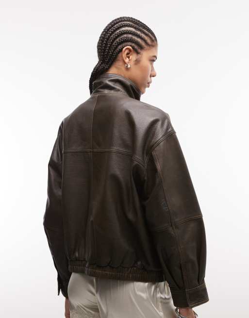 ASOS DESIGN - Giacca bomber oversize in pelle marrone slavato, 4 di 4