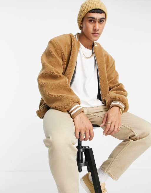ASOS DESIGN - Giacca bomber oversize in pile borg, color cammello
