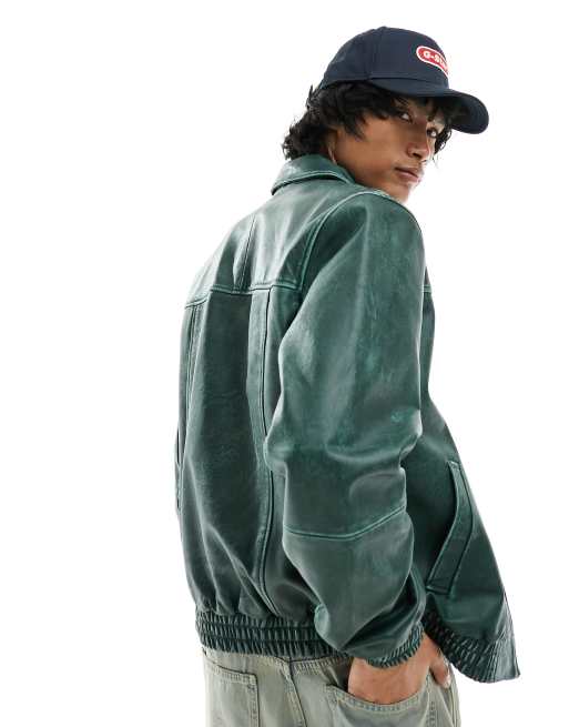 ASOS DESIGN - Giacca bomber oversize in vera pelle verde invecchiata con cuciture a contrasto, 3 di 4