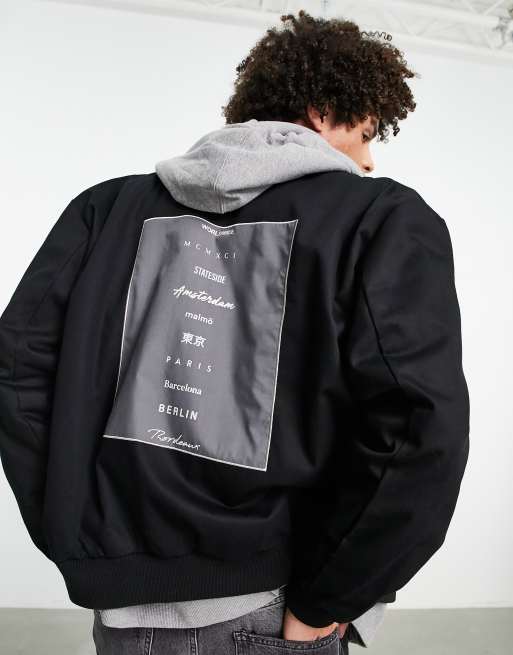 ASOS DESIGN - Giacca bomber oversize nera con ricamo sul retro