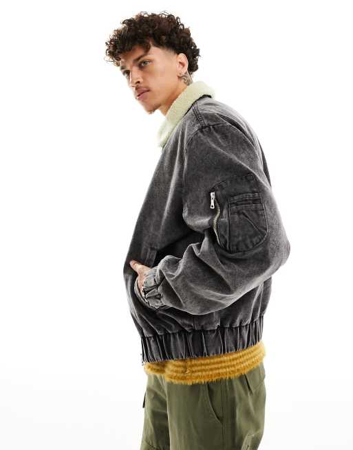 ASOS DESIGN - Giacca bomber oversize nero slavato con colletto in pile borg