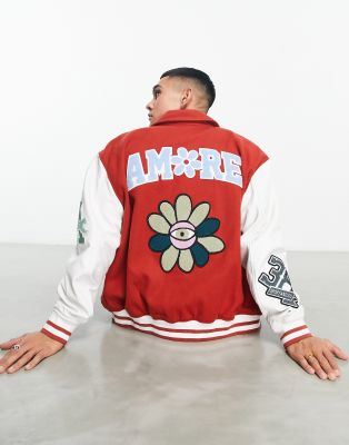 Asos Uomo Abbigliamento Cappotti e giubbotti Giacche Giacche bomber Giacche college Giacca bomber oversize stile college in tessuto effetto lana con maniche a contrasto in pelle sintetica 