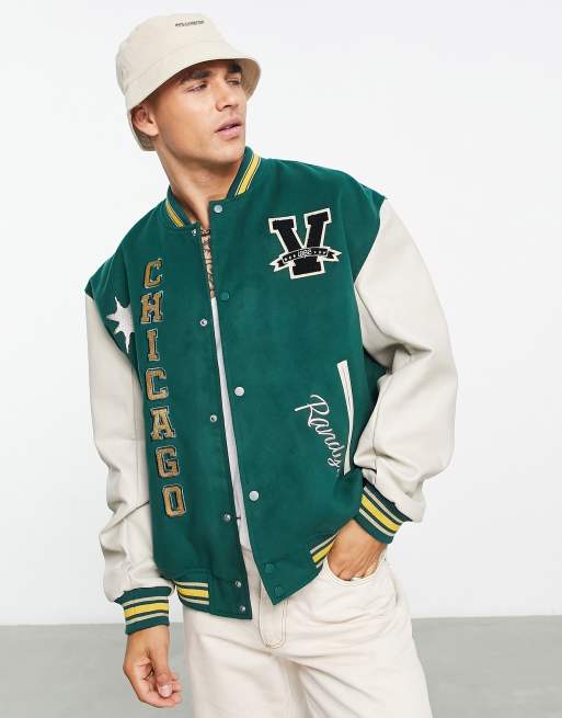 ASOS DESIGN - Giacca bomber oversize stile college verde con maniche in  pelle sintetica