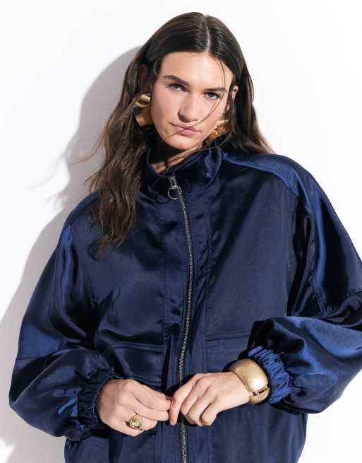 ASOS DESIGN giacca bomber sartoriale in raso blu navy, 3 di 4