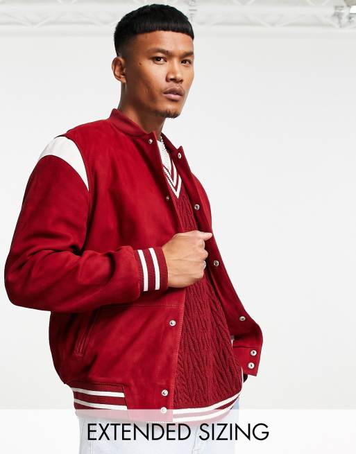ASOS DESIGN - Giacca bomber stile college in camoscio rosso con pannelli in pelle a contrasto