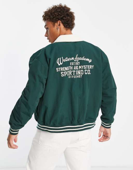 ASOS DESIGN - Giacca bomber stile college verde con colletto in velluto a coste a contrasto, 2 di 4