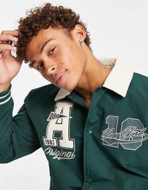 ASOS DESIGN - Giacca bomber stile college verde con colletto in velluto a coste a contrasto, 3 di 4
