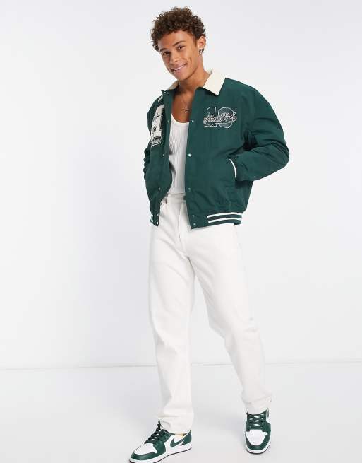 ASOS DESIGN - Giacca bomber stile college verde con colletto in velluto a coste a contrasto, 4 di 4