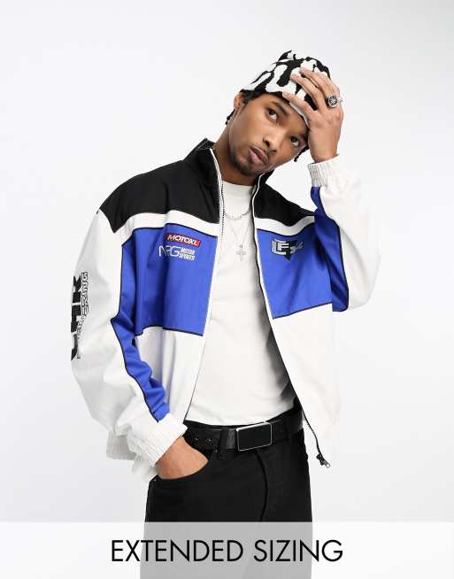 ASOS DESIGN - Giacca bomber stile motocross blu e bianca con applicazioni