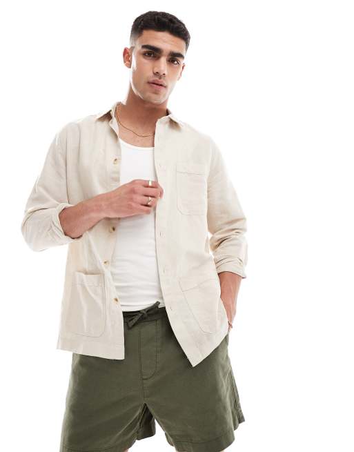ASOS DESIGN - Giacca camicia in misto lino color pietra