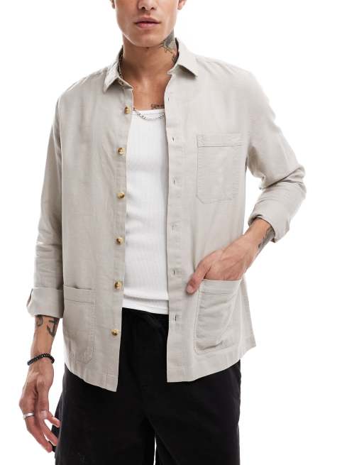 ASOS DESIGN - Giacca camicia in misto lino color pietra