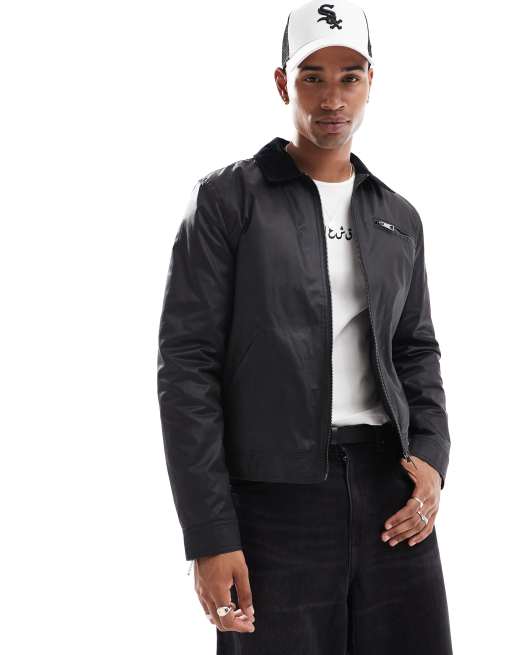 ASOS DESIGN - Giacca cerata nera con colletto a coste a contrasto 