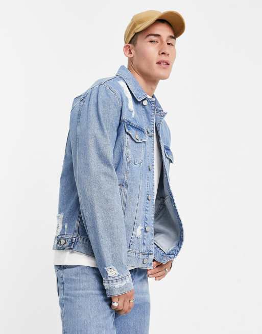 ASOS DESIGN - Giacca classica di jeans in lavaggio blu medio con strappi