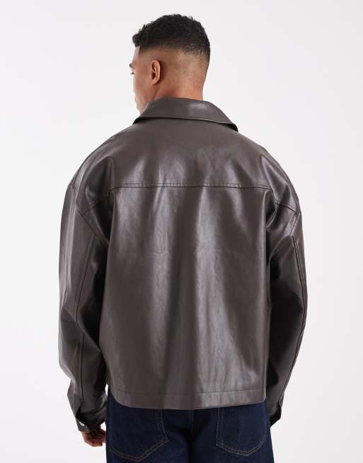 ASOS DESIGN - Giacca coach in pelle sintetica marrone, 3 di 5