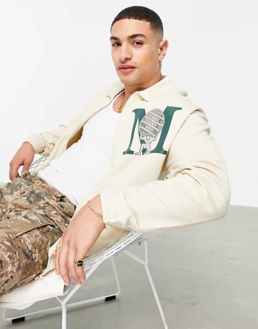 ASOS DESIGN - Giacca coach oversize in jersey con stampa con logo sul petto, colore beige