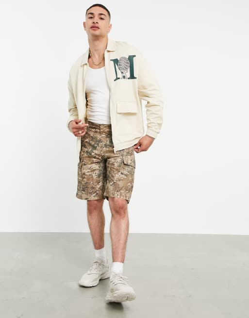 ASOS DESIGN - Giacca coach oversize in jersey con stampa con logo sul petto, colore beige, 4 di 4
