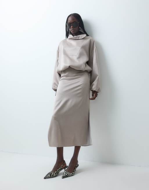 ASOS DESIGN - Giacca con collo a imbuto in raso color talpa in coordinato