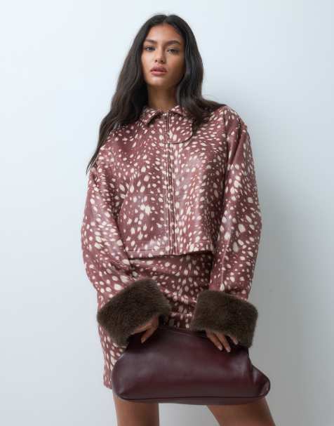 ASOS DESIGN giacca con zip e rifinitura in pelliccia sintetica ai polsini con stampa cervi - view 1