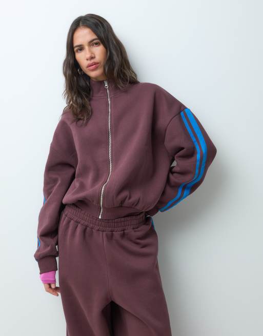 ASOS DESIGN giacca coordinata con collo alto e zip, marrone con righe blu, 4 di 4