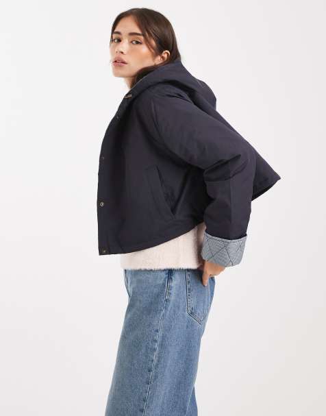ASOS DESIGN - Giacca corta blu navy con cappuccio e fodera a quadretti - view 1