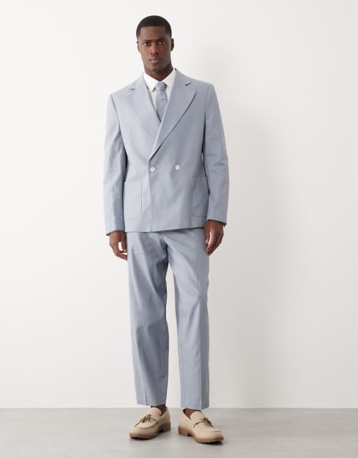 ASOS DESIGN - Giacca da abito doppiopetto extra larga in misto lino blu, 2 di 5