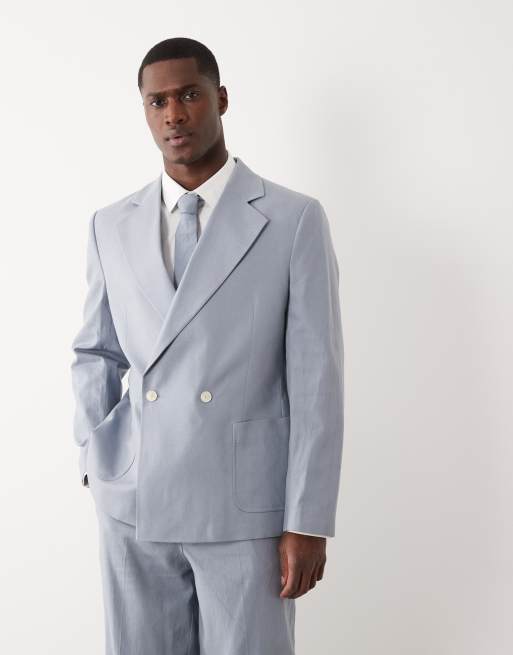 ASOS DESIGN - Giacca da abito doppiopetto extra larga in misto lino blu, 3 di 5