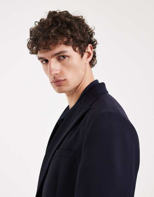 ASOS DESIGN - Giacca da abito doppiopetto regular blu navy con rever sciallato, 4 di 5