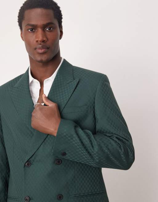 ASOS DESIGN - Giacca da abito doppiopetto regular fit verde con motivo a scacchi intessuto, 3 di 5