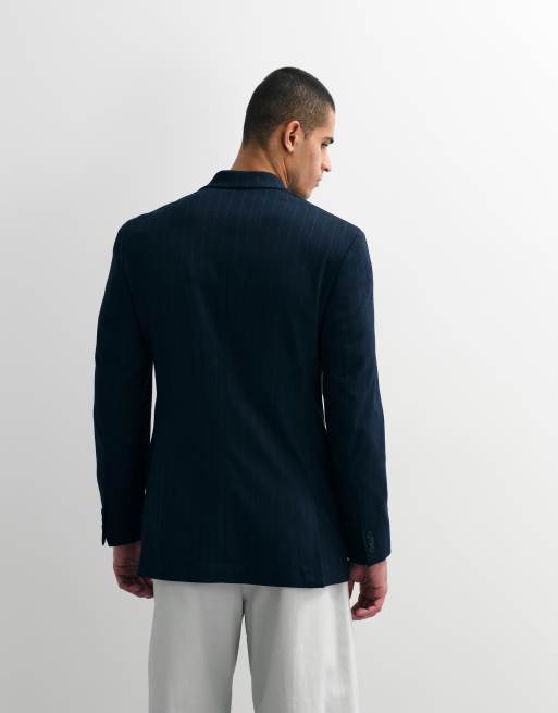 ASOS DESIGN - Giacca da abito doppiopetto slim blu navy gessato, 3 di 7