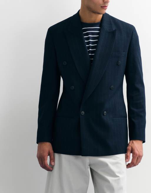 ASOS DESIGN - Giacca da abito doppiopetto slim blu navy gessato, 4 di 7