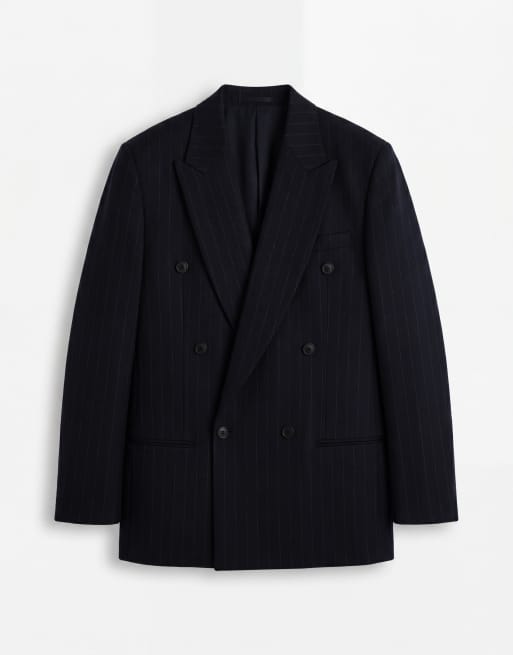 ASOS DESIGN - Giacca da abito doppiopetto slim blu navy gessato, 6 di 7