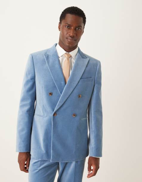 ASOS DESIGN - Giacca da abito doppiopetto slim fit azzurra in velluto di cotone - view 1