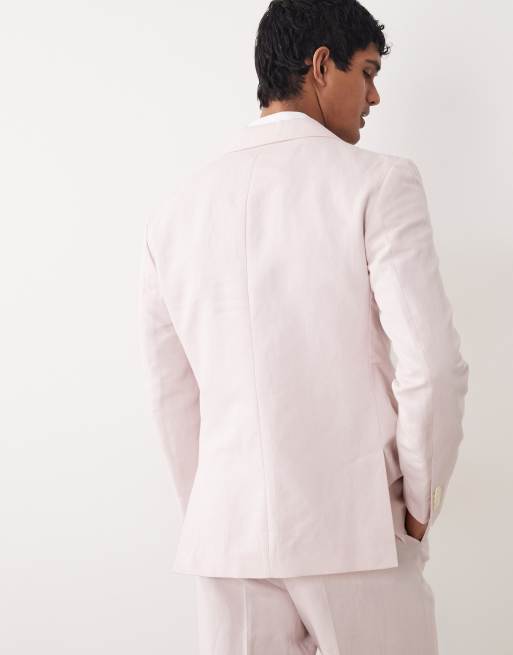 ASOS DESIGN - Giacca da abito doppiopetto slim in misto lino rosa, 5 di 5